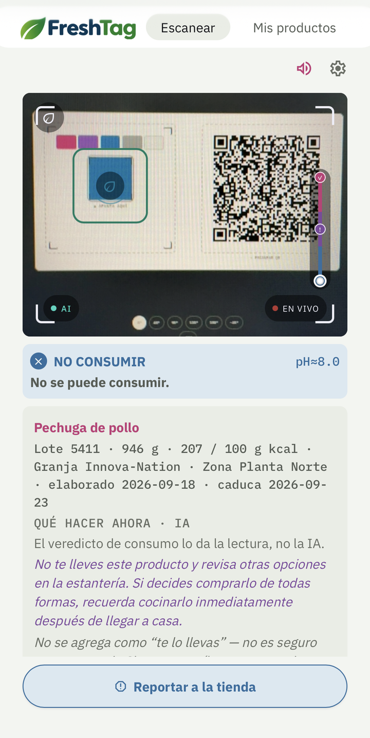 Captura de pantalla de "Escanear" en la app FreshTag