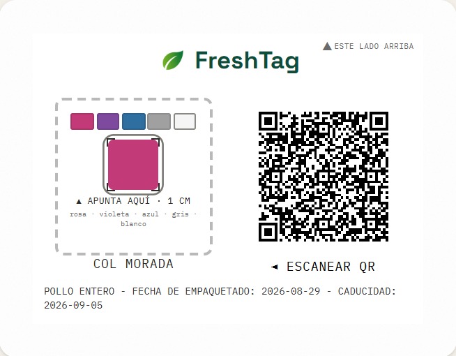 Etiqueta FreshTag — pad de lectura y QR de trazabilidad. El código ancla el recuadro; la química no se imprime.