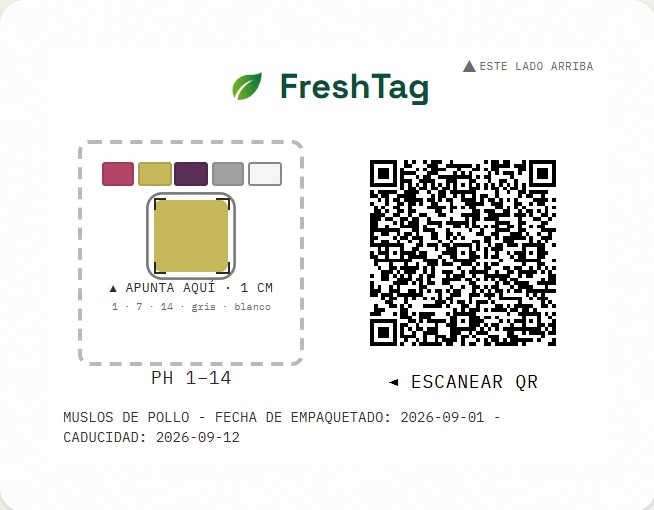 La misma etiqueta: pad, calibración y QR. El tipo de lectura viaja solo en el código, no en el texto impreso.